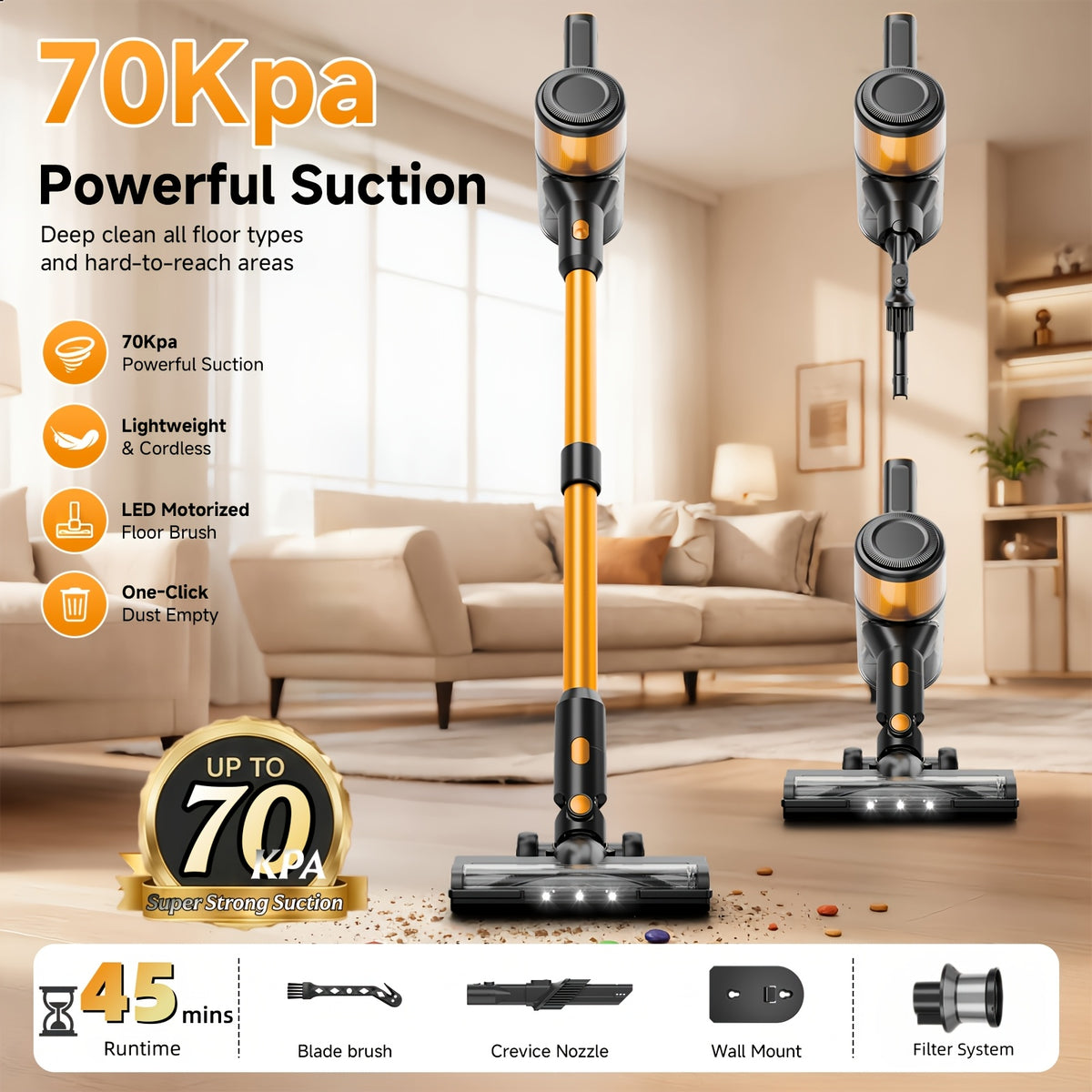 2026 Upgraded Cordless Vacuum Cleaner, 70Kpa High Suction, Multi-Speed Adjustment, HEPA Filtration, Anti-Tangle Brush, Low-Noise Motor, Long-Lasting Battery, Lightweight, Hard Floors, Carpets, Pet Hair, Curtains, Cars