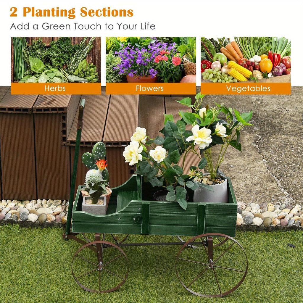 Wooden Planter Cart with Two Planting Boxes, Four Iron Wheels and Pull Handle, Painted Fir Wood Garden Flower Stand with 33lb Listed Load Limit in Five Colors