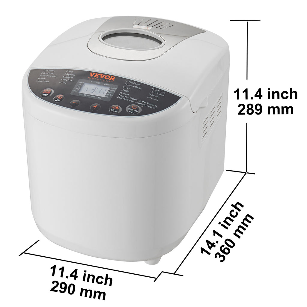 19-Program Bread Maker by VEVOR, White Automatic Bread Machine with 1, 1.5 and 2lb Loaf Sizes, Three Crust Settings, Ceramic Pan and 15-Hour Delay Start