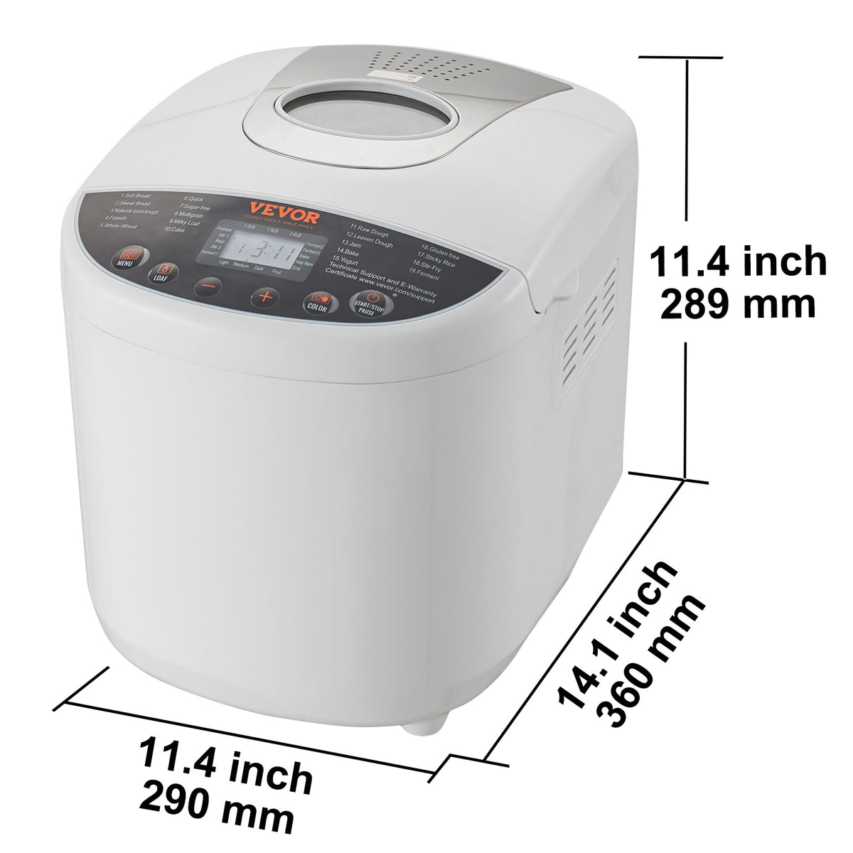 19-Program Bread Maker by VEVOR, White Automatic Bread Machine with 1, 1.5 and 2lb Loaf Sizes, Three Crust Settings, Ceramic Pan and 15-Hour Delay Start