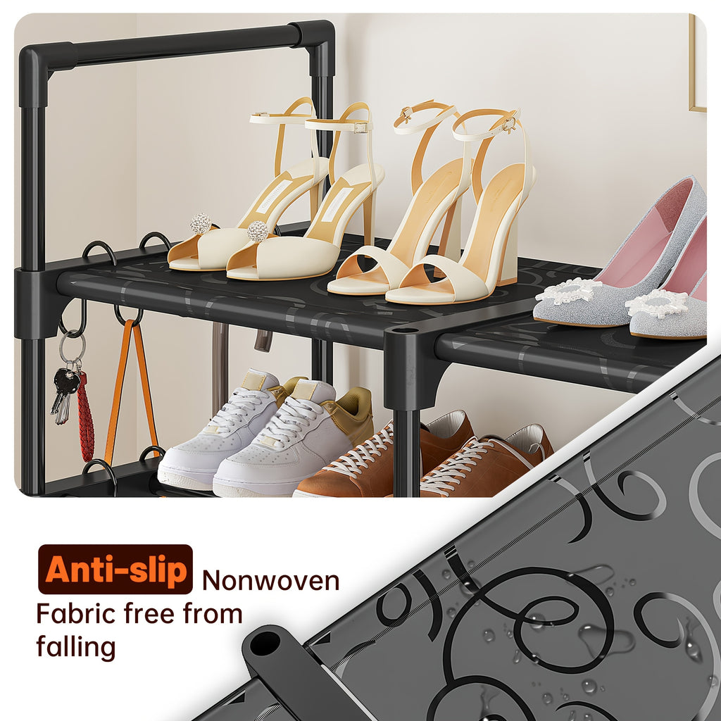 Four-Column Shoe Rack in Black with Six- or Nine-Tier Model Options, Listed Metal Construction and Customizable Layout for Entryway, Bedroom and Closet Footwear Storage