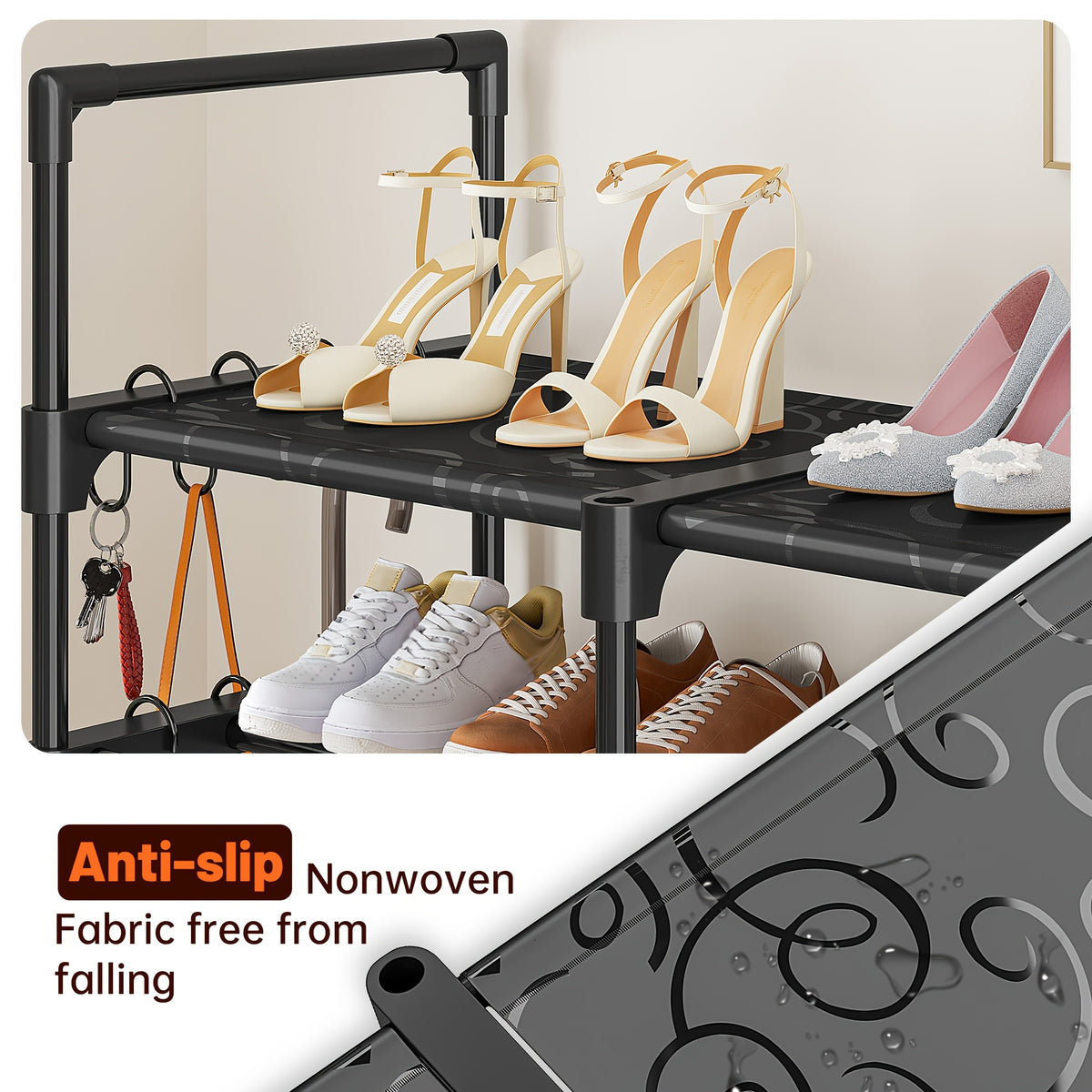 Four-Column Shoe Rack in Black with Six- or Nine-Tier Model Options, Listed Metal Construction and Customizable Layout for Entryway, Bedroom and Closet Footwear Storage