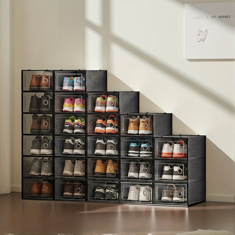 Clear Stackable Sneaker Boxes with Lids, Modular Plastic Shoe Storage Containers in Black or White and 6, 12 or 24 Pack Options for Closet Organization