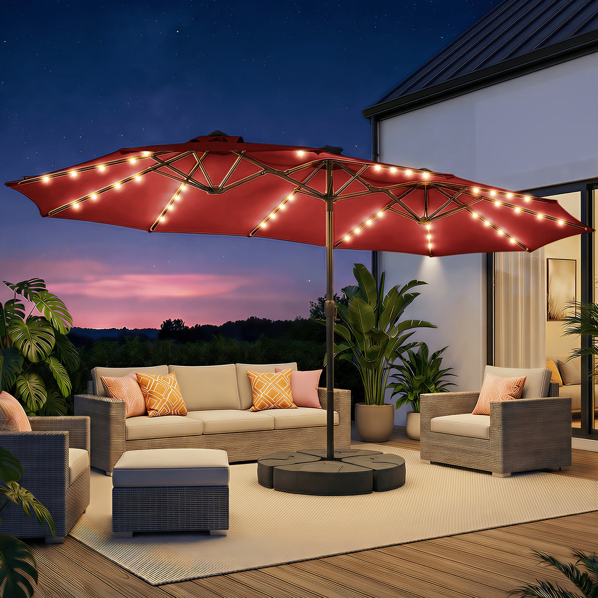 Double-Sided Solar Patio Umbrella with 48 LED Lights, 15ft Outdoor Shade Canopy with Crank Handle, 12 Ribs, Base and Four Sandbags in Blue or Light Blue