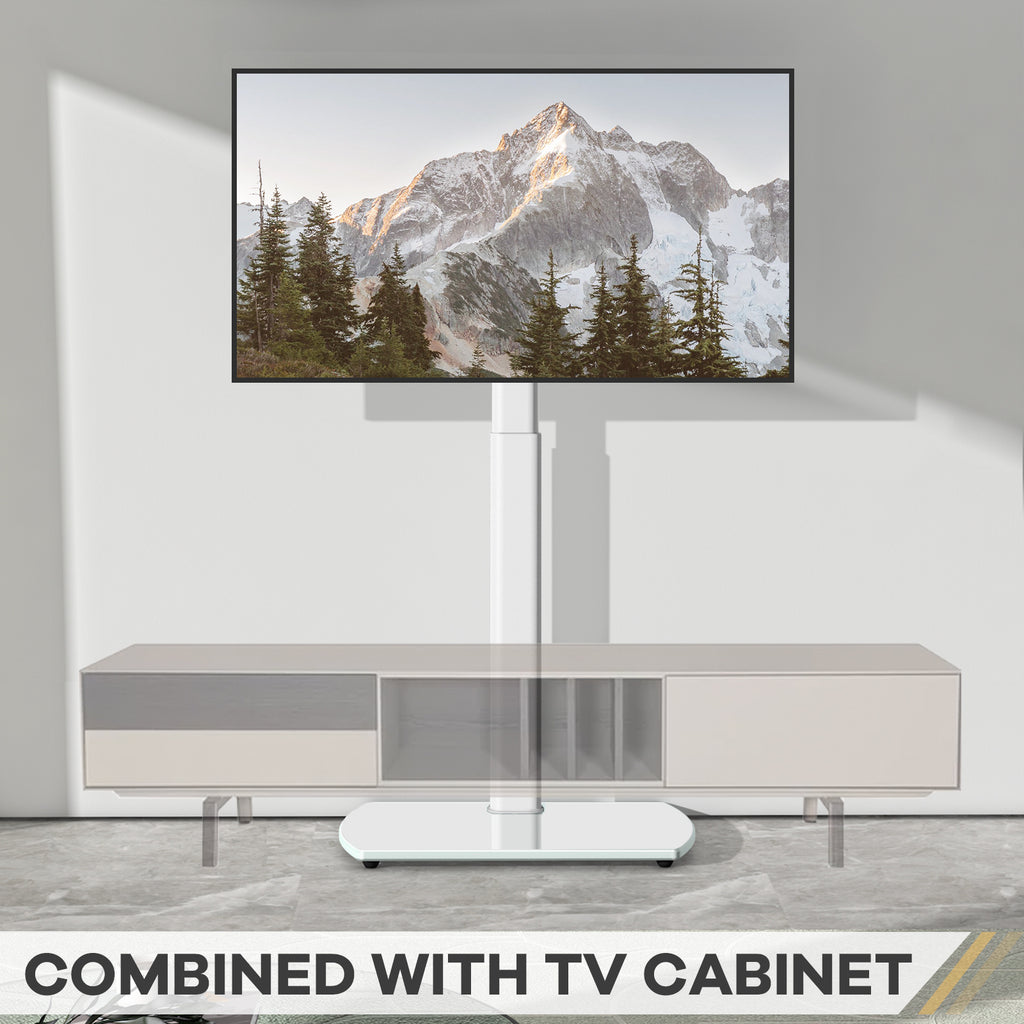 Swivel TV Floor Stand with Adjustable Height and Tempered Glass Base, Cable Management and Black or White Options for Compatible 32–65 Inch Television Setups