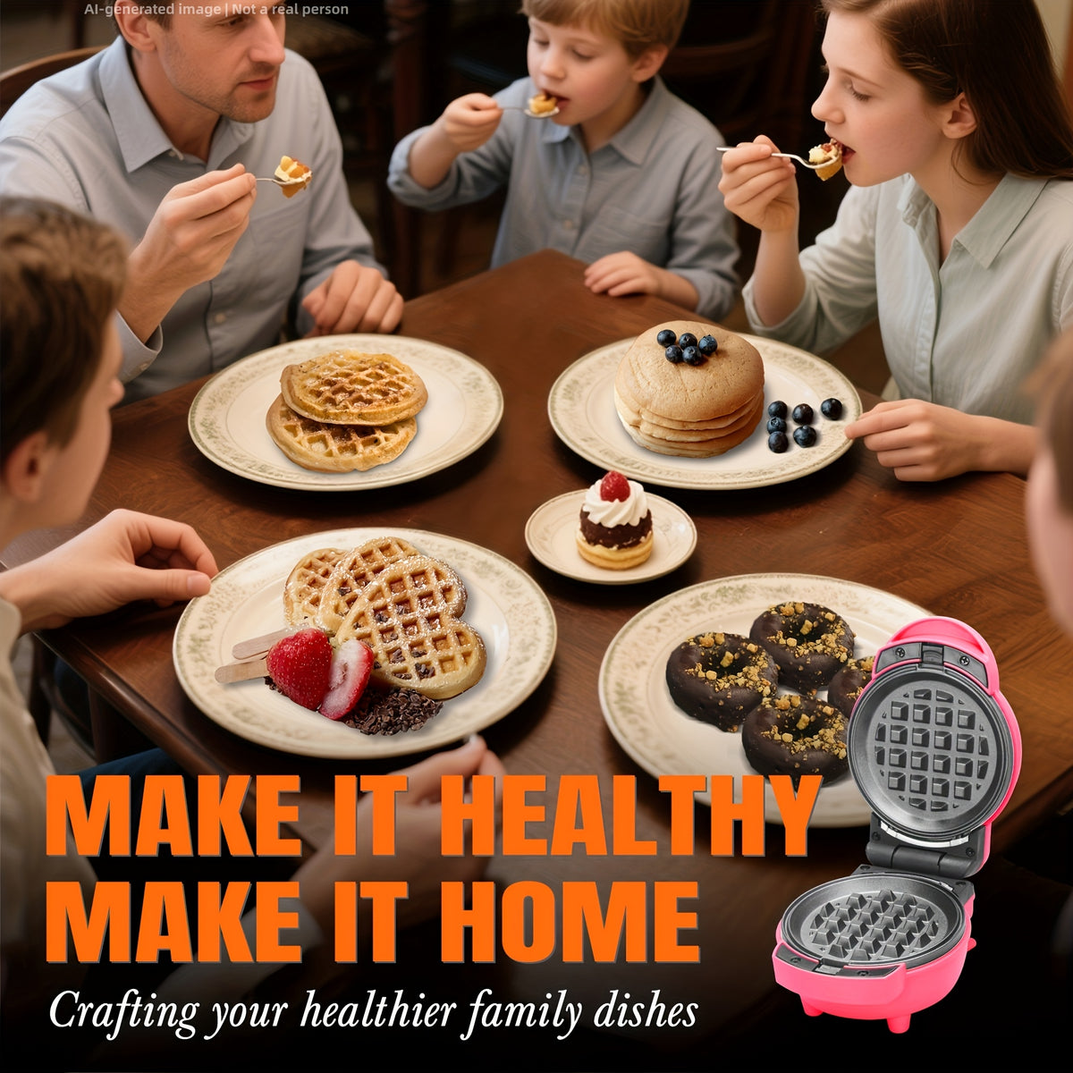 4-in-1 Mini Waffle and Pancake Maker with Removable Plates, Listed Donut and Heart-Shape Functions, Recipe Included, Graphite, Red or Blue for Home Breakfasts