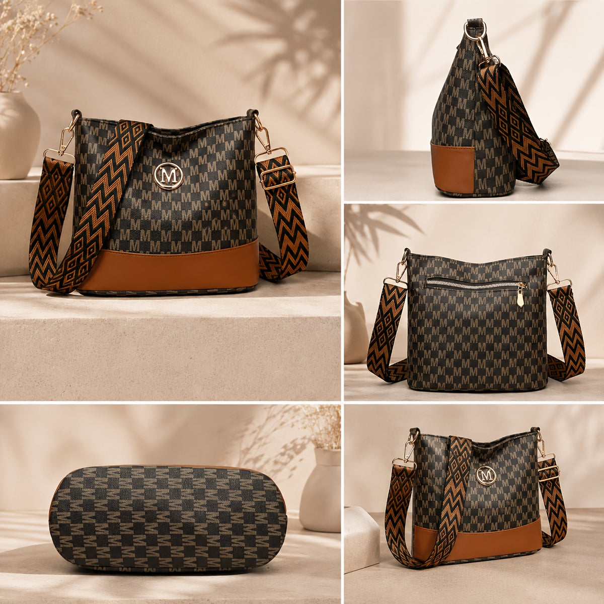 Patchwork Shoulder and Crossbody Bag with Vintage Styling and Wide Lettered Woven Strap, White or Brown Options for Workday Outings, Shopping and Dining