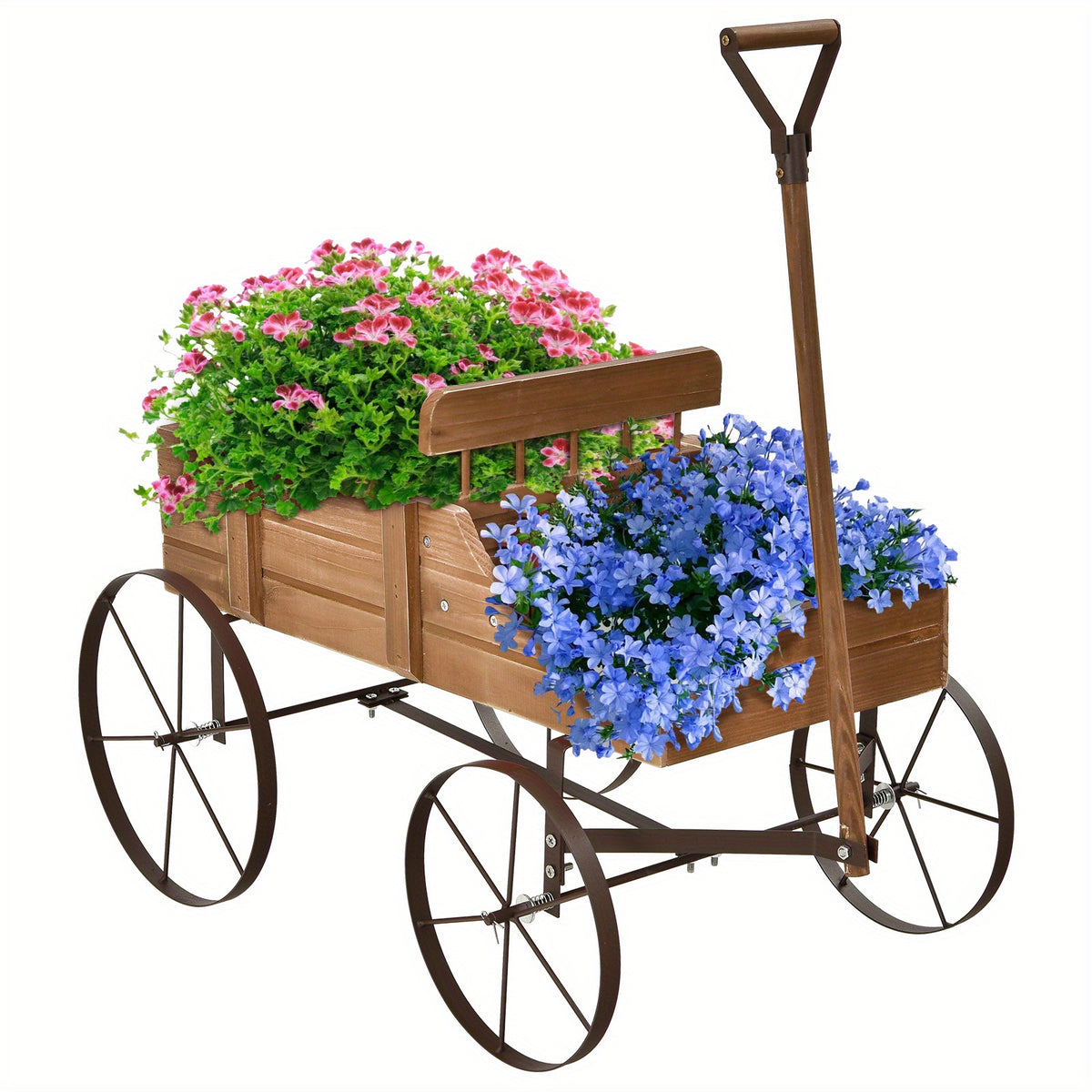 Wooden Planter Cart with Two Planting Boxes, Four Iron Wheels and Pull Handle, Painted Fir Wood Garden Flower Stand with 33lb Listed Load Limit in Five Colors