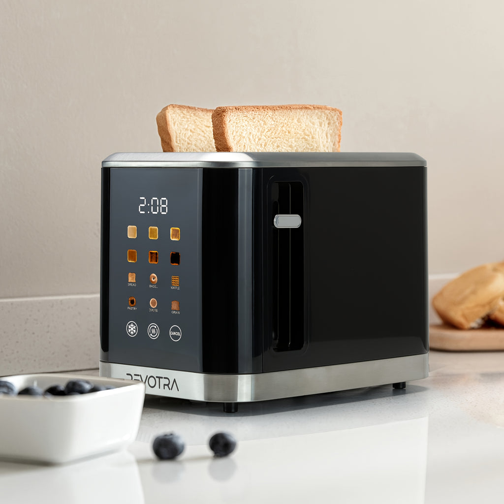 LED Display Breakfast Toaster in Black with Stainless Steel Construction, Wide Slots, Six Toasting Levels, Defrost, Heat and Cancel Functions and Crumb Tray