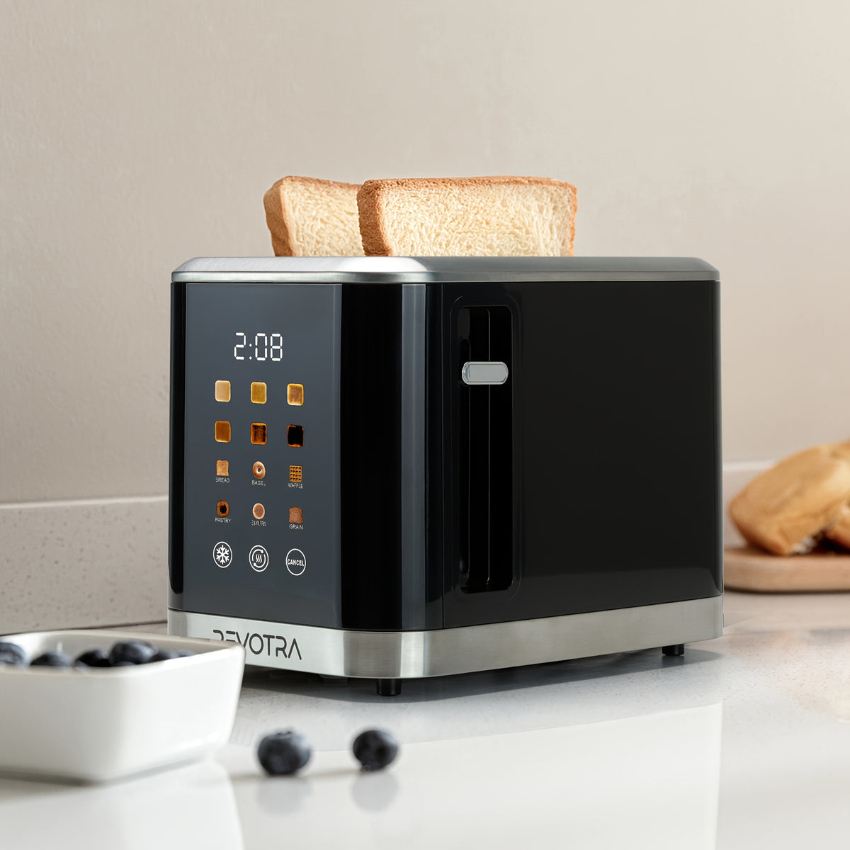 LED Display Breakfast Toaster in Black with Stainless Steel Construction, Wide Slots, Six Toasting Levels, Defrost, Heat and Cancel Functions and Crumb Tray