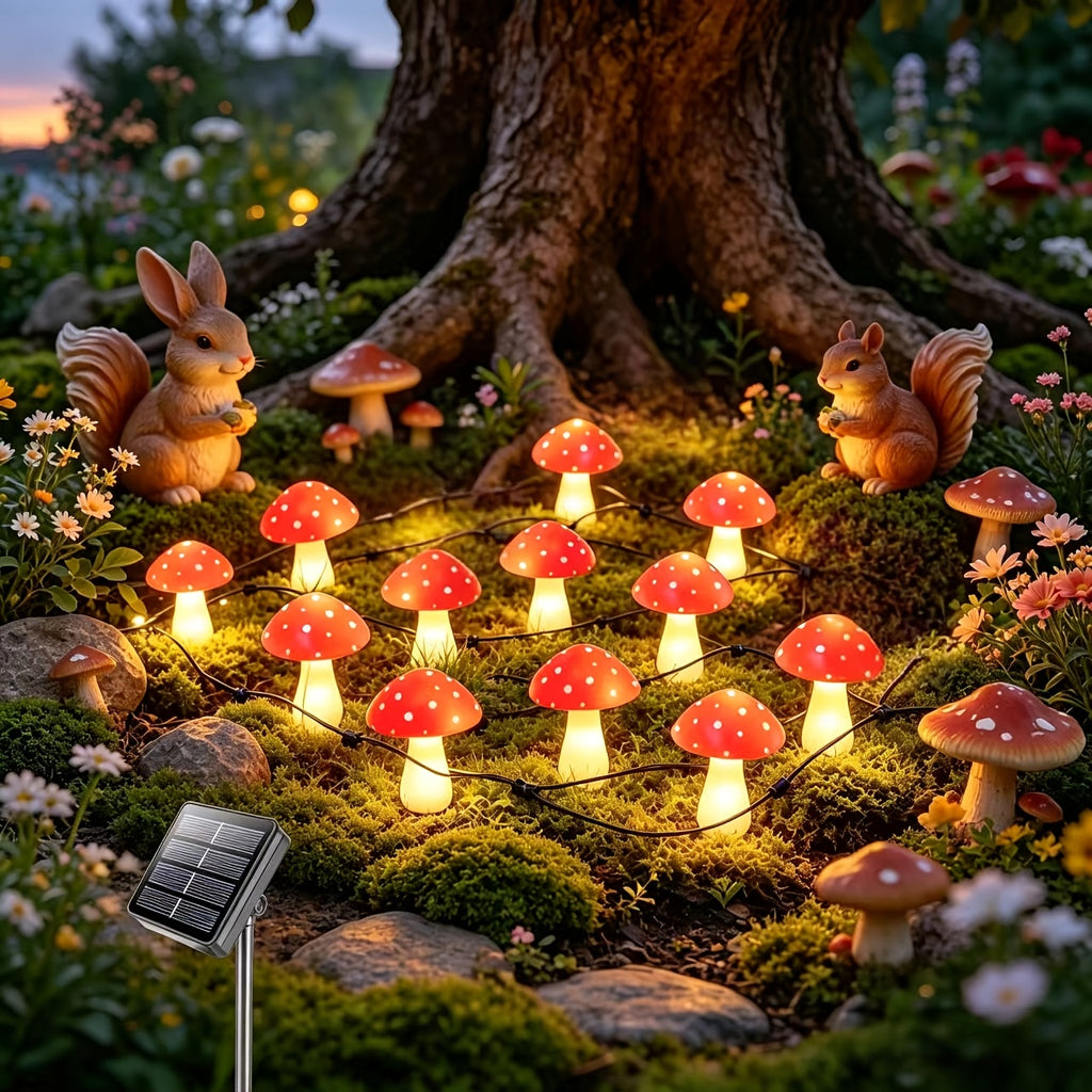 Solar Mushroom Garden Lights, 12-Piece Red Spotted Stake Light Set with Warm White LEDs for Decorative Lawn Borders, Yard Pathways, Patios and Landscape Displays