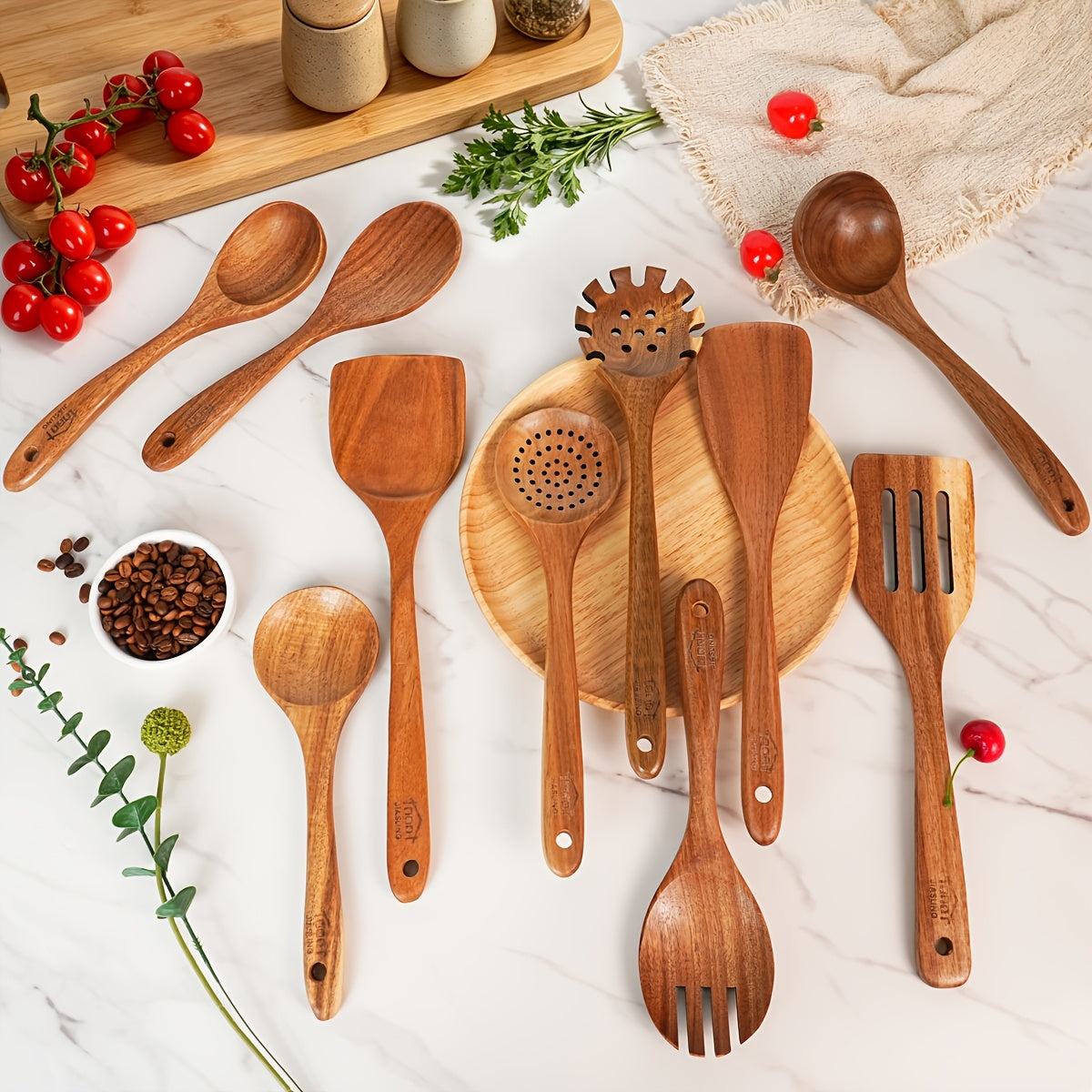 Wooden Cooking Utensils Set, 10-Piece Teak Kitchen Spoon and Spatula Tool Options for Everyday Stirring, Mixing and Meal Preparation in Home Kitchens