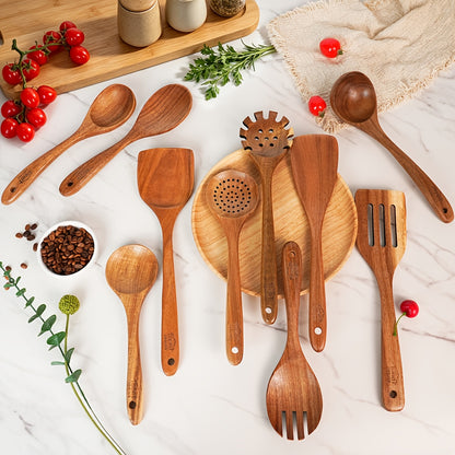 Wooden Cooking Utensils Set, 10-Piece Teak Kitchen Spoon and Spatula Tool Options for Everyday Stirring, Mixing and Meal Preparation in Home Kitchens