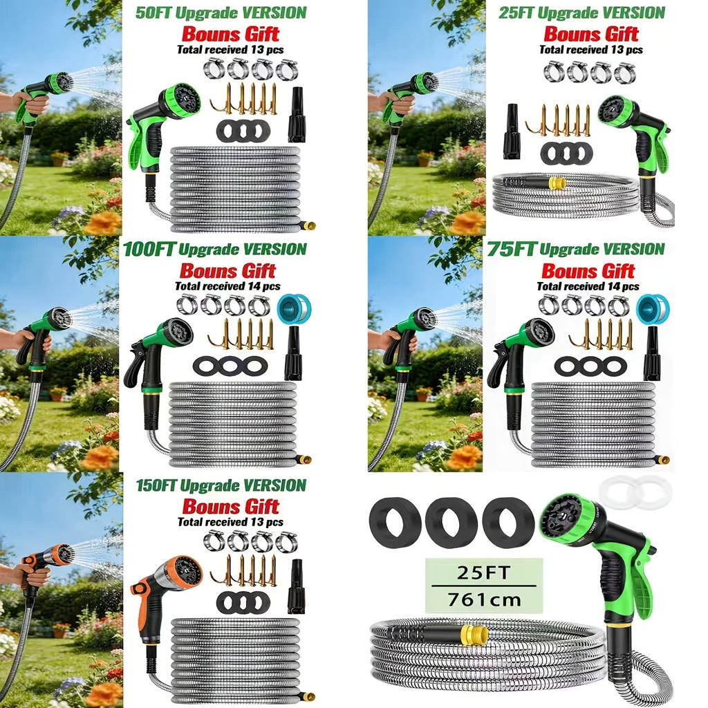 Stainless Steel Garden Hose with 10-Function Nozzle and Brass Joint, Metal Watering Hose in Multiple Length and Upgrade Kit Options for Yard and Car Care