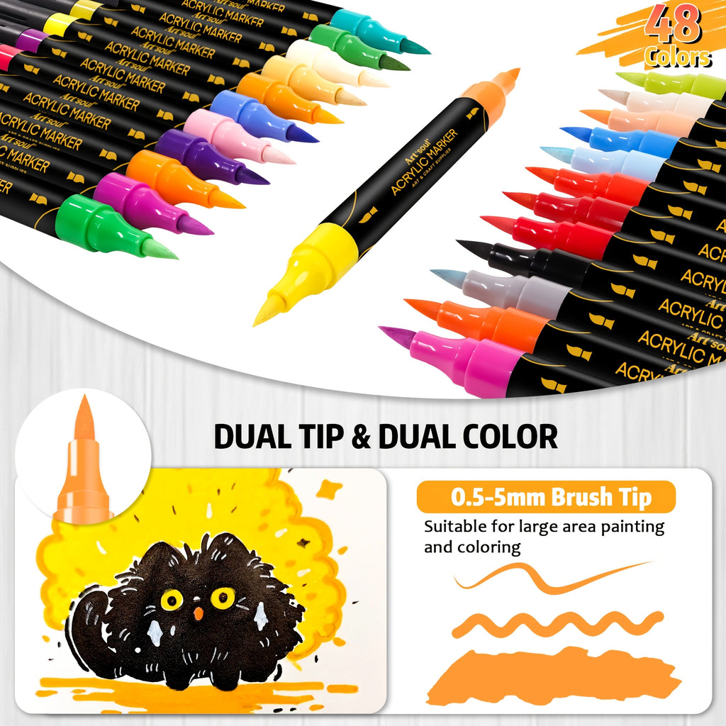 Art+soul Acrylic Paint Pens with 72 Numbered Colors, Dual Brush and 3mm Round Tips for Rock Painting, Wood, Canvas, Lettering and Decorative Craft Projects