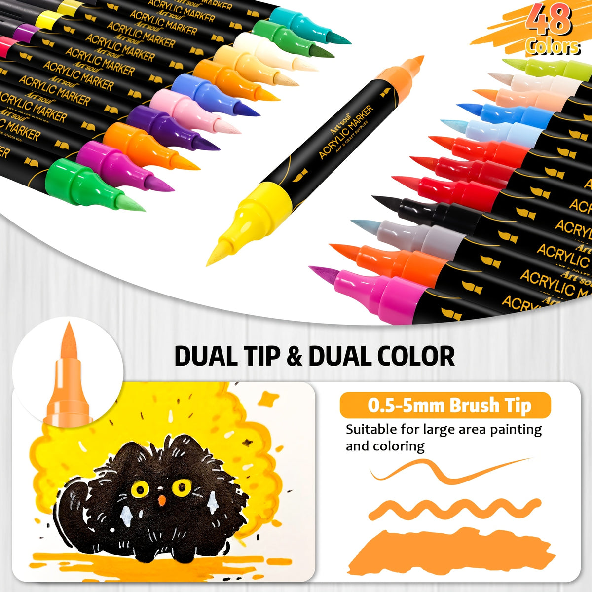Art+soul Acrylic Paint Pens with 72 Numbered Colors, Dual Brush and 3mm Round Tips for Rock Painting, Wood, Canvas, Lettering and Decorative Craft Projects
