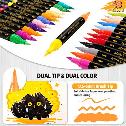 Art+soul Acrylic Paint Pens with 72 Numbered Colors, Dual Brush and 3mm Round Tips for Rock Painting, Wood, Canvas, Lettering and Decorative Craft Projects