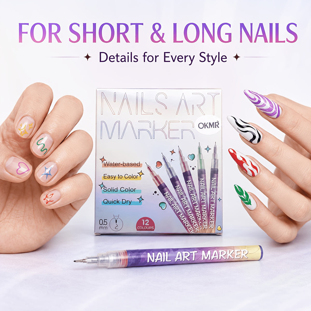 Nail Art Detail Pens with 12-Color and Sticker Set Options, Quick-Drying Manicure Markers for Decorative Dots, Lines and Freehand Designs at Home or Salon