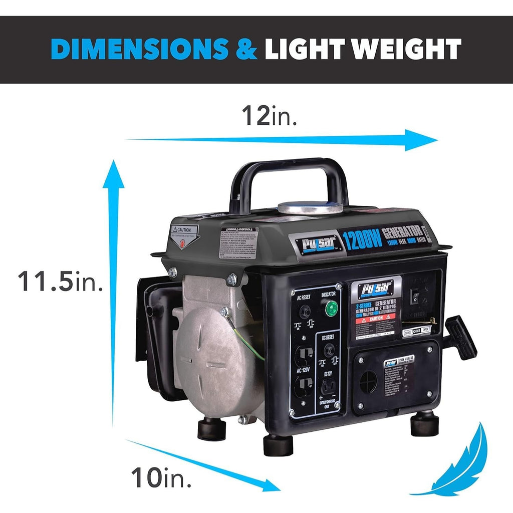 Gas-Powered Portable Generator by Pulsar with Carrying Handle, Listed 1200 Peak and 900 Running Watts, Recoil Start and 120V Outlets for Outdoor Power