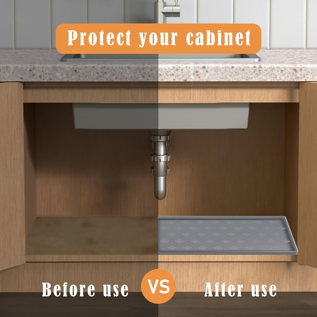 Under Sink Silicone Mat with Raised Edge, 34 x 22 or 17 x 12.6 Inch Cabinet Liner and Drip Tray in Dark Grey or Grayish White with Two-Pack Options