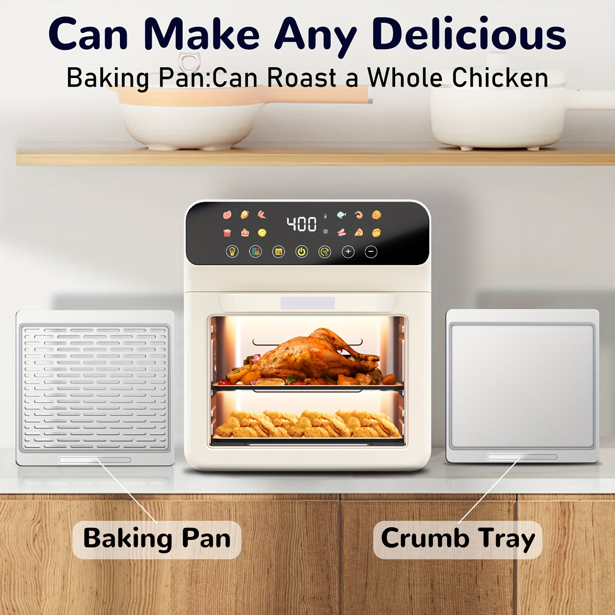 Air Fryer Oven with Listed 12-Quart Capacity, 12 One-Touch Presets, Viewing Window, Interior Light and Two Baking Pans in White or Black for Home Cooking