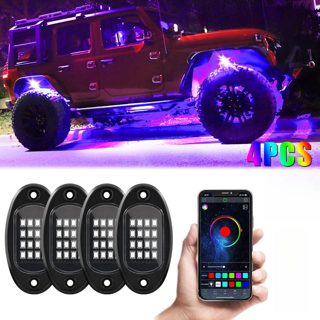 RGB Rock Light Kit with 16 Listed LEDs, 4-in-1 Car Tire Ambient Lighting with Dimmable Colors, Multiple Modes and App Control for Compatible Vehicle Setups