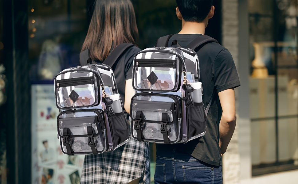 Clear PVC Backpack with Listed See-Through Book Bag Design, Black, Black Fully Transparent or Pink Options for Office Carry and Everyday Outings