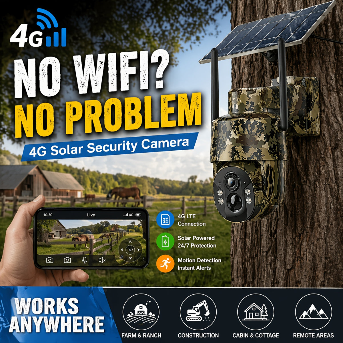 Cellular Game Camera with 4G LTE, Solar Charging, Phone App Live View and Night Vision, Motion Detection and Two-Way Audio in Camouflage 1-Pack or 3-Pack