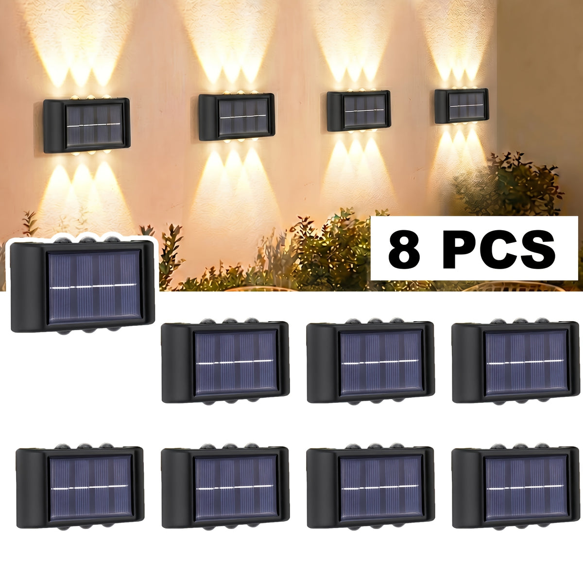 Solar Up and Down Wall Sconces with Listed 6-LED Design, White or Warm Light and 4- or 8-Piece Options for Outdoor Fence, Patio and Garden Decoration