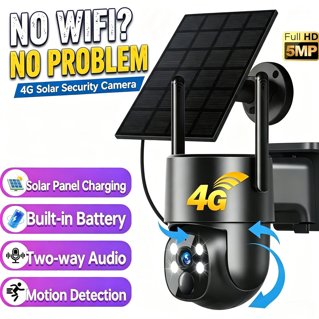 4G LTE Solar Security Camera 5MP with No-WiFi Connectivity, 360° PTZ View, AI Human Tracking, Color Night Vision and Two-Way Audio for Farms and Yards