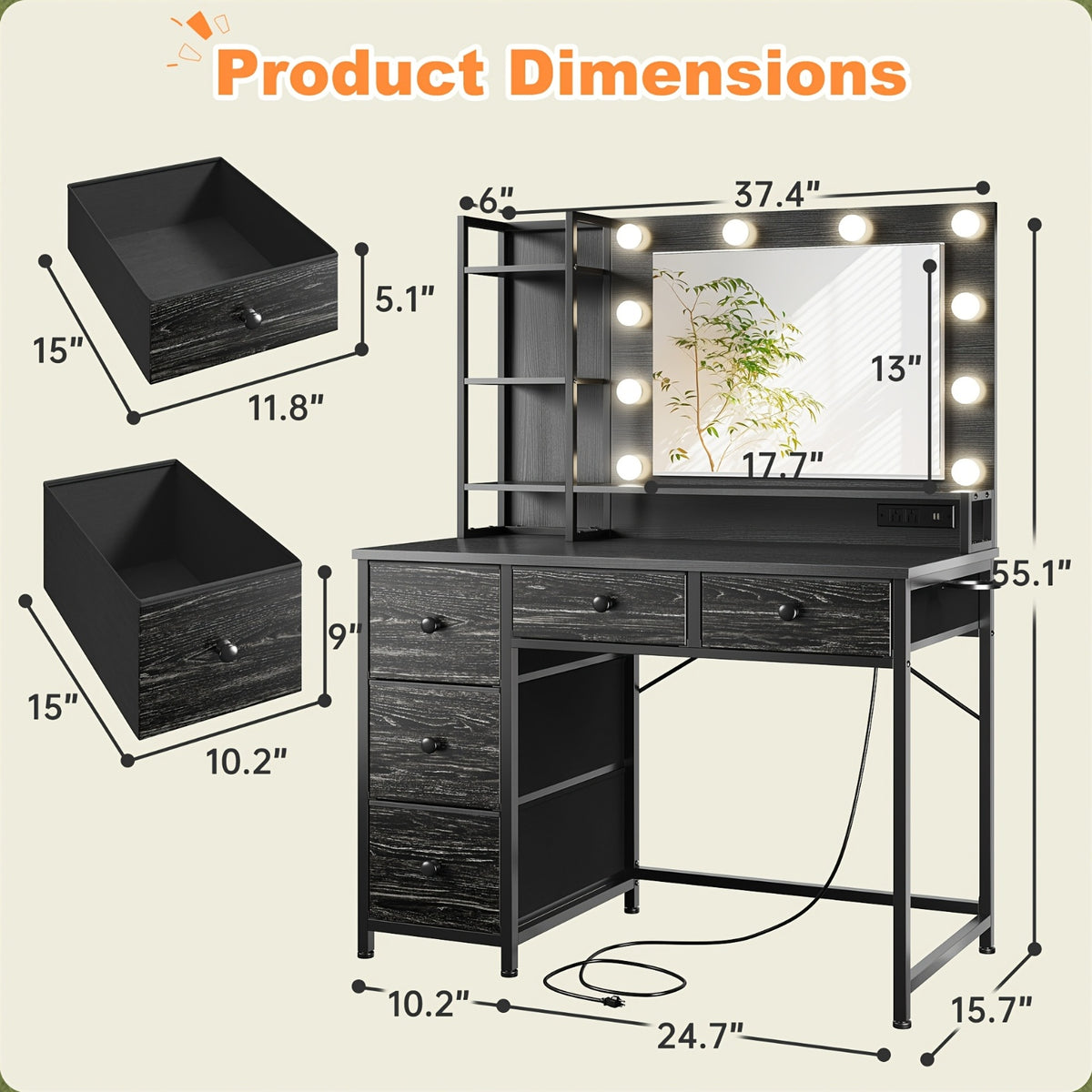 Black Vanity Desk with Lighted Mirror and Five Fabric Drawers, Three Lighting Modes, Adjustable Brightness and Listed Power Outlet for Bedroom Makeup Storage
