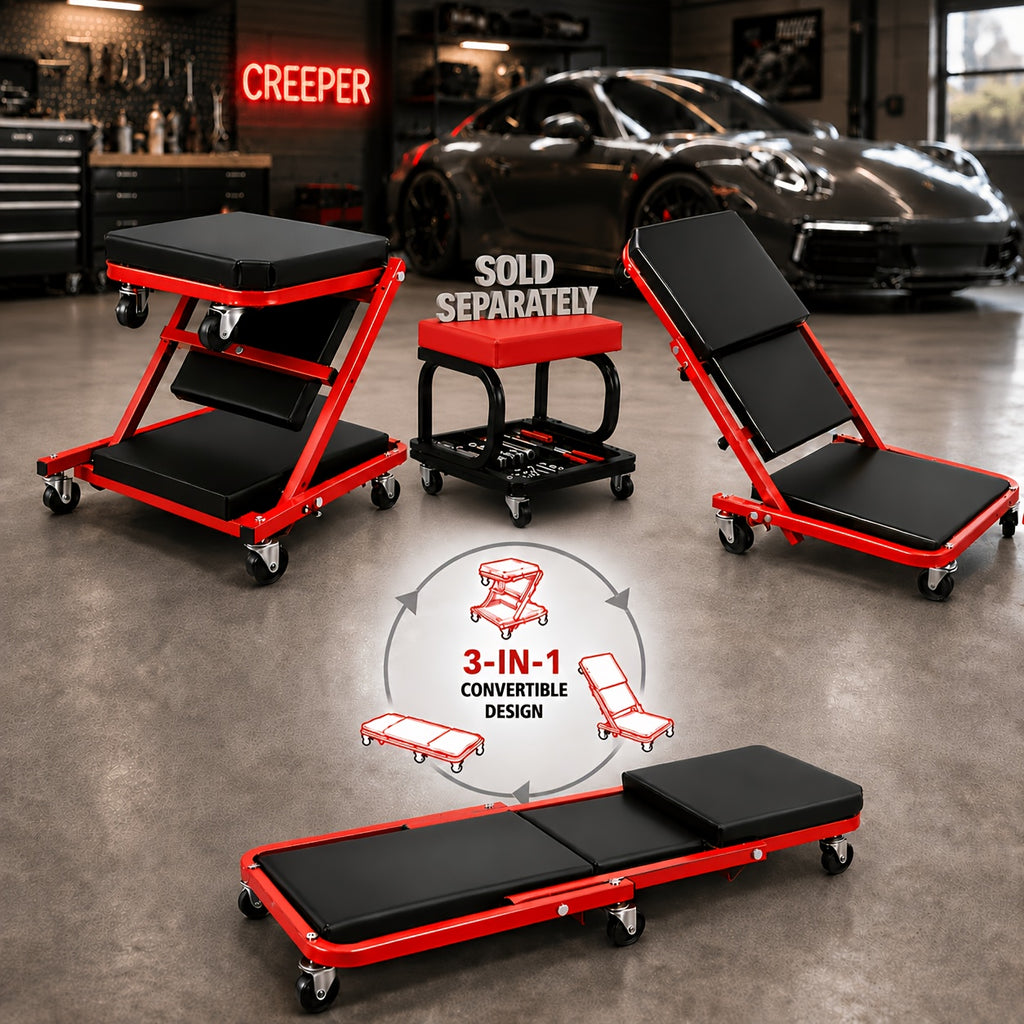 Wheeled Mechanic Creeper and Sliding Stool Options in Red or Grey, Foldable 3-in-1 Crawler or Non-Foldable Model for Garage Work Planning
