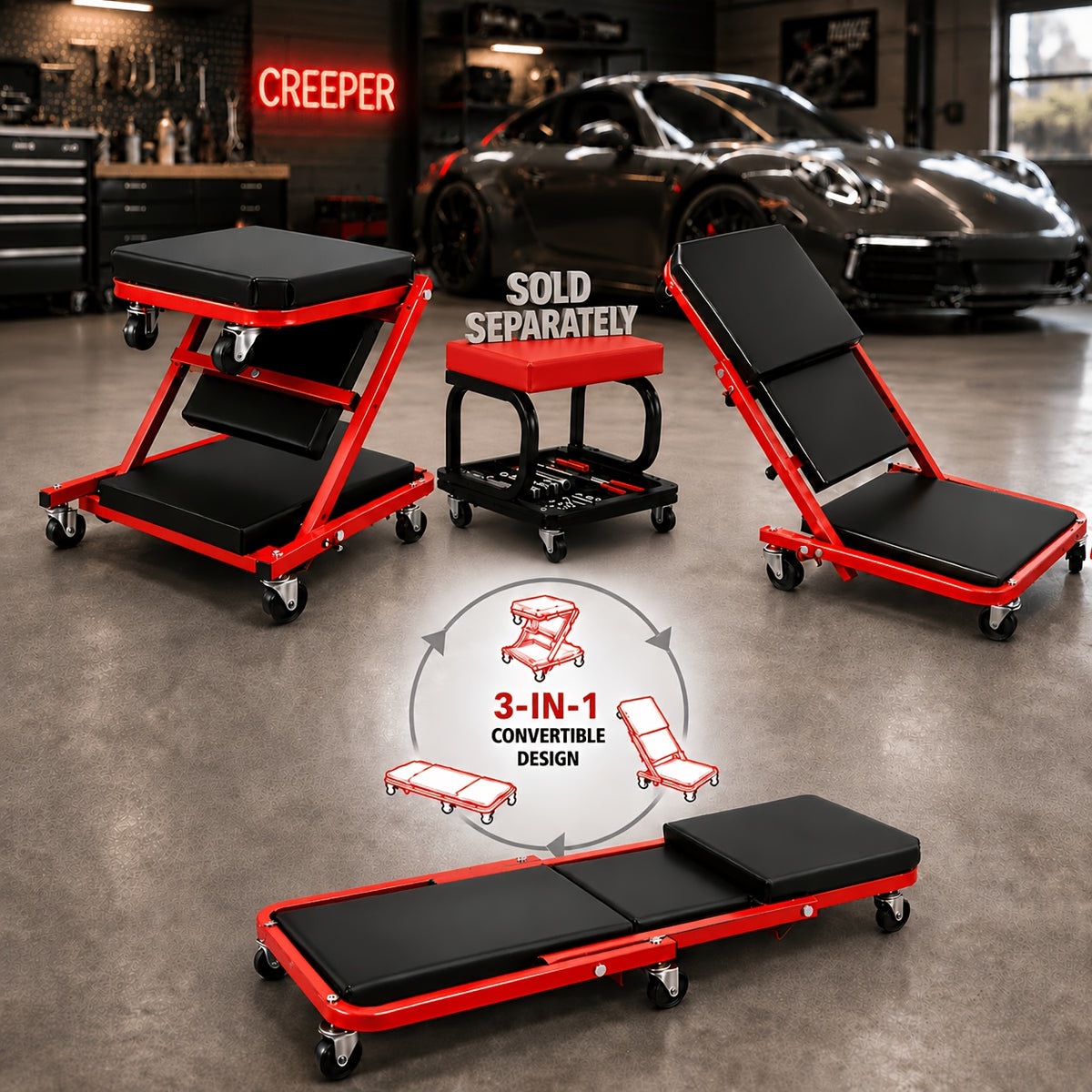 Wheeled Mechanic Creeper and Sliding Stool Options in Red or Grey, Foldable 3-in-1 Crawler or Non-Foldable Model for Garage Work Planning