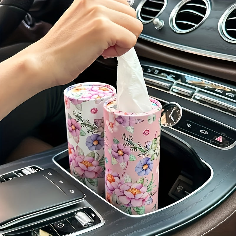 Cup Holder Car Tissue Tubes, Two-Roll Pink and White Floral Facial Tissue Pack in Compact Cylindrical Containers for Vehicle Interior Organization and Daily Use