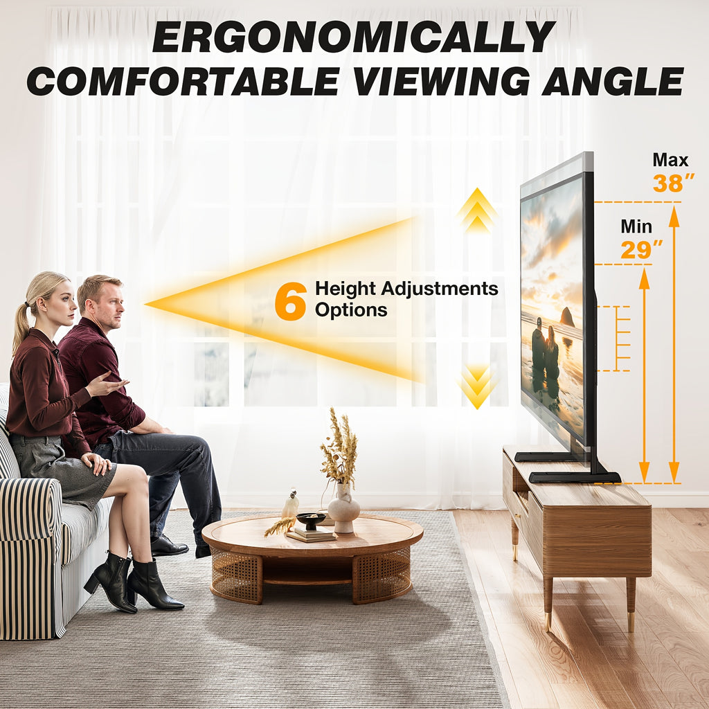 TV Stand Bracket with Adjustable Steel T-Bar Legs and Six Height Settings, Black Tabletop Support with Cable Management for Compatible 37–92 Inch Televisions