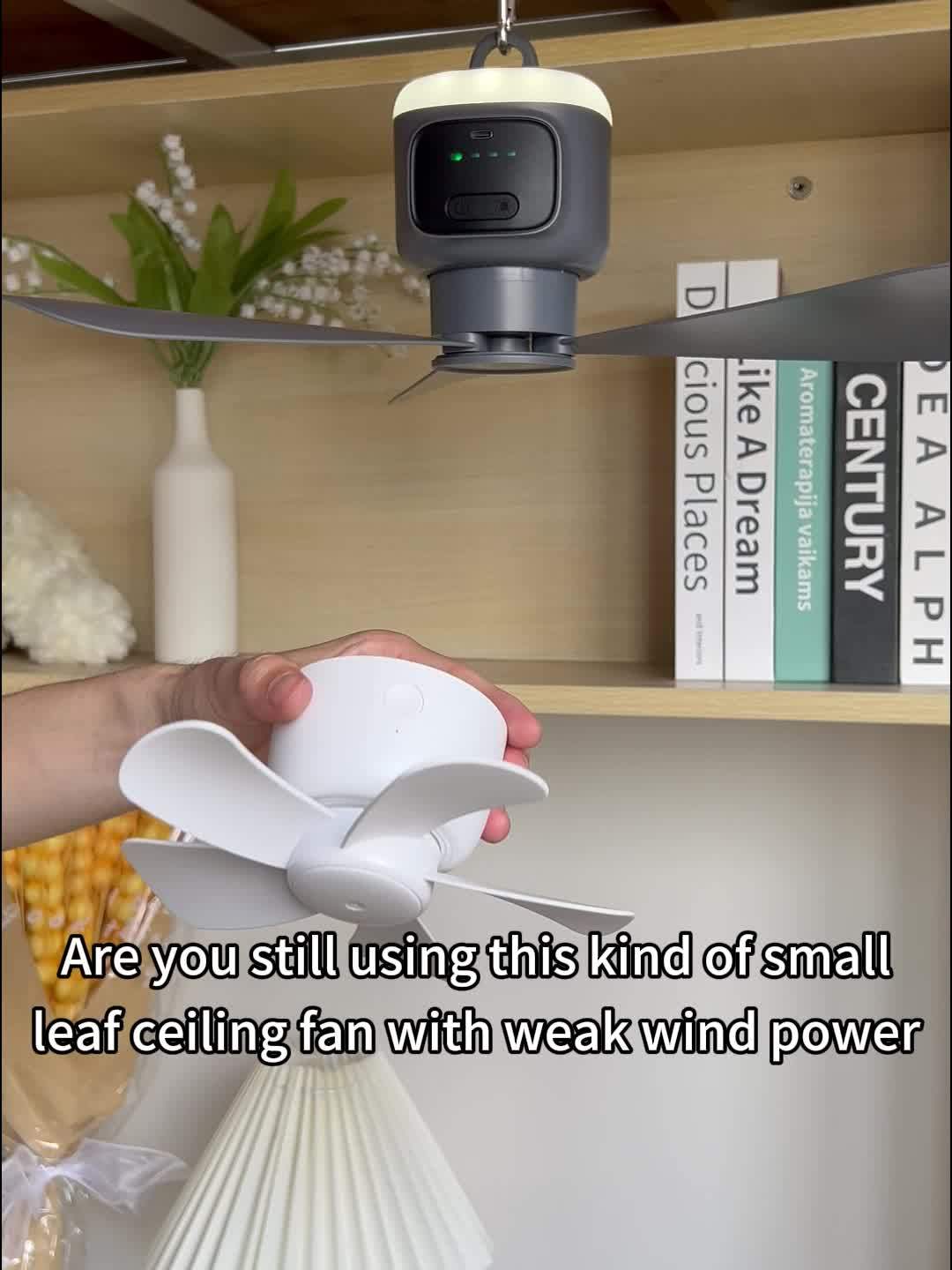 Grey Camping Ceiling Fan with Four Speeds, Lighting and Remote Control, Listed 12000mAh Battery, 8-Hour Timer and Up to 30-Hour Runtime for Campsite Airflow