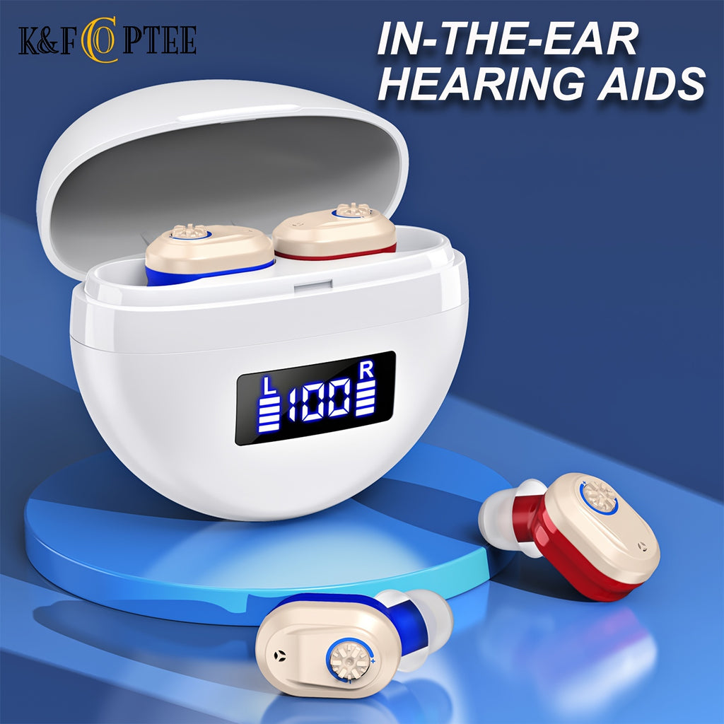Rechargeable Hearing Device Pair K&FCOPTEE with Digital Display Charging Case, Rotary Volume Control, Six Silicone Ear Domes and Cleaning Accessories