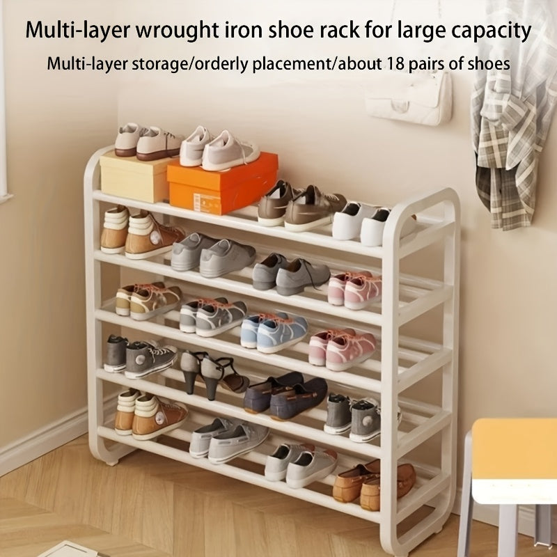 Five-Tier Iron Shoe Rack, Narrow Freestanding Footwear Organizer in White or Black with Listed 18-Pair Capacity for Entryway, Dorm and Living Room Storage