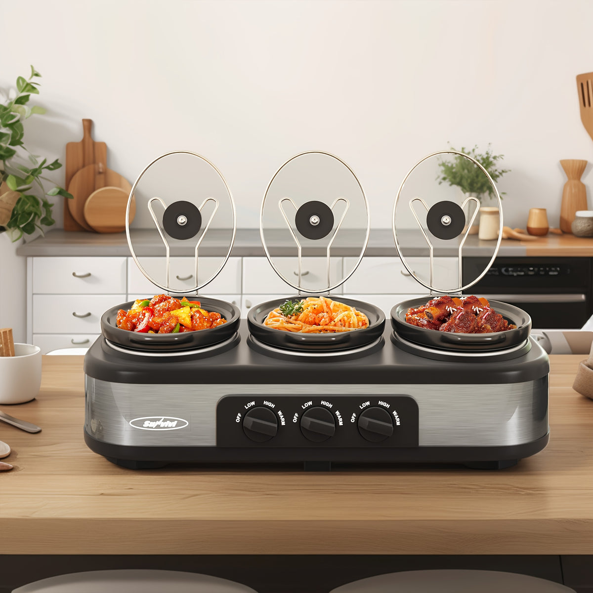 Triple Slow Cooker 3 x 1.5QT with Ceramic Pots and Glass Lids, 3 Cooking Settings, Buffet Server and Warmer for Parties and Family Gatherings