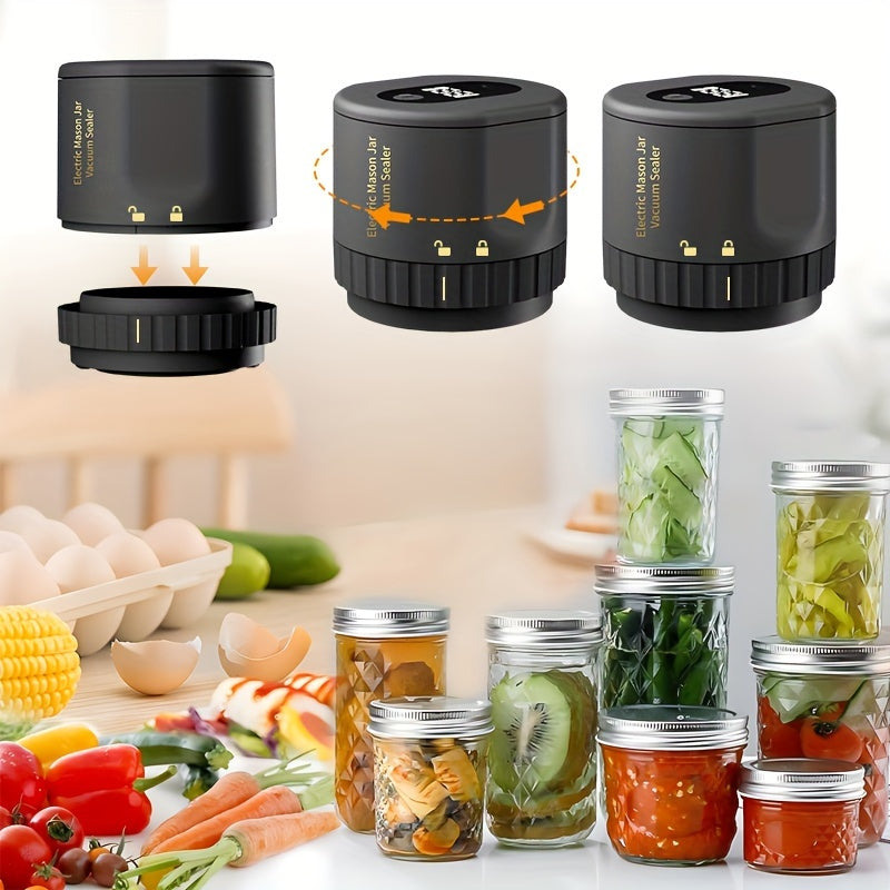 Electric Mason Jar Vacuum Sealer with One-Touch Operation, USB Rechargeable Kitchen Jar Sealing Tool with Wide and Narrow Mouth Lids, Black or White Options