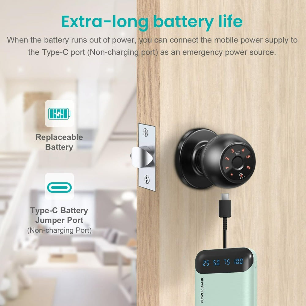 Five-Method Fingerprint Door Knob with App, IC Card, Password and Backup Key Access, Silent and Passage Modes, Anti-Peep Keypad and Type-C Emergency Power