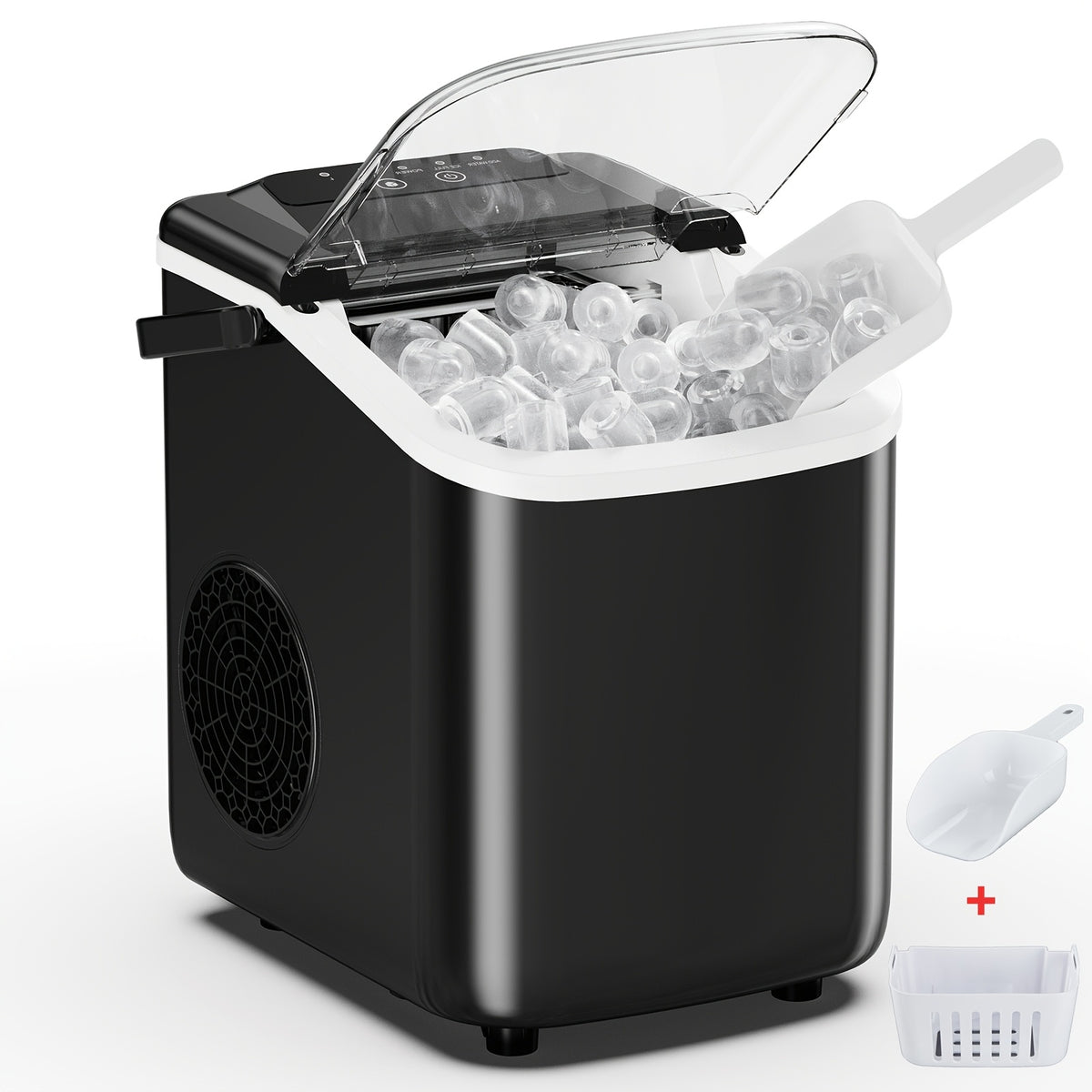 White Bullet Ice Maker with Carry Handle, Self-Cleaning Function, Ice Scoop and Basket, Listed Nine-Cube Six-Minute Cycle for Kitchen, Office and Party Drinks