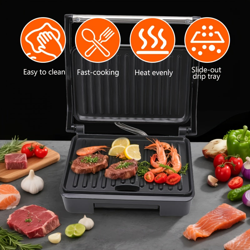 Double-Sided Electric Grill with Black Square Design and Listed Upper and Lower Heating, Panini and Sandwich Cooking Wording for Everyday Home Kitchen Meal Preparation