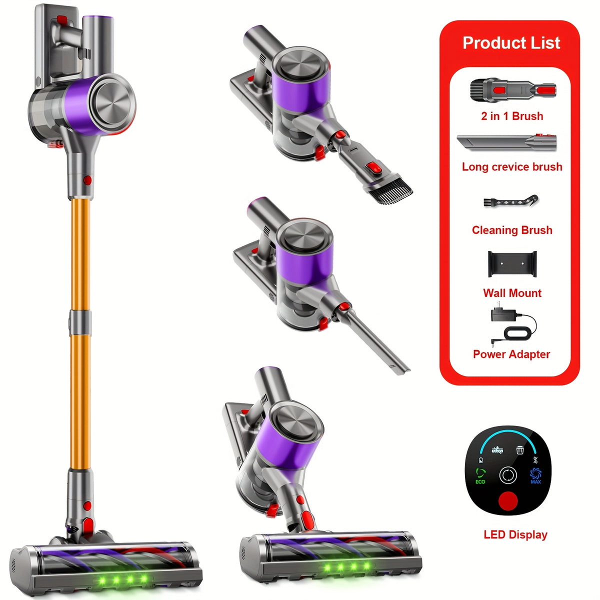 Self-Standing Cordless Vacuum with Listed 58kPa Suction, 6-in-1 Rechargeable Handheld Cleaning Design and LED Electric Floor Brush for Carpets and Pet Hair