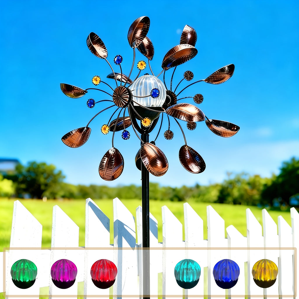 Garden Wind Spinner with Solar Multicolor LED Light, Metal Pinwheel Yard Decor with Listed 72-Inch Size and Red, Bronze, Blue or Butterfly Design Options