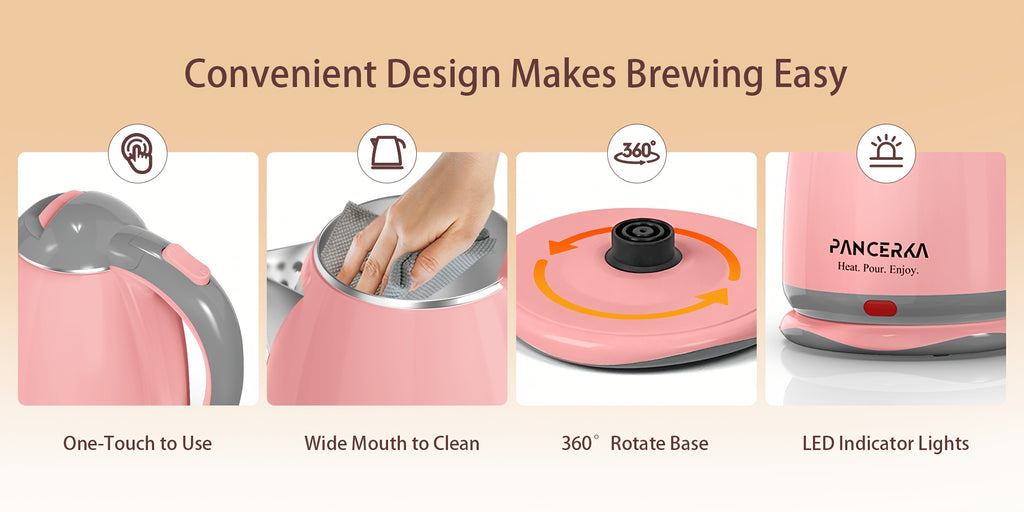 Pink or White Electric Tea Kettle by PANCERKA with Listed 1.8-Liter Capacity, Stainless Steel Material and Automatic Shutoff for Countertop Hot-Water Preparation