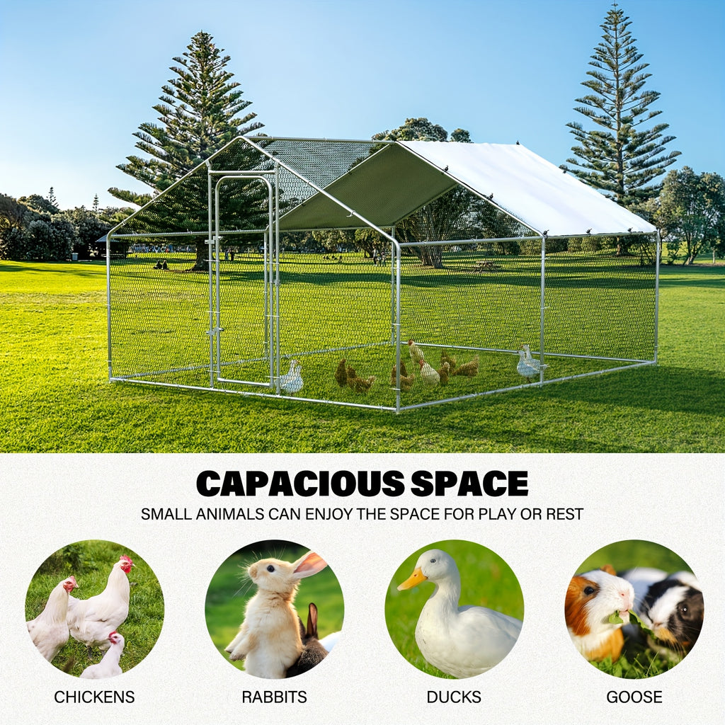 Metal Poultry Run Enclosure by SNDM, Outdoor Chicken Coop Cage with Listed Partial Cover, Mesh Walls, Access Doors and Latches in Three Unit Options