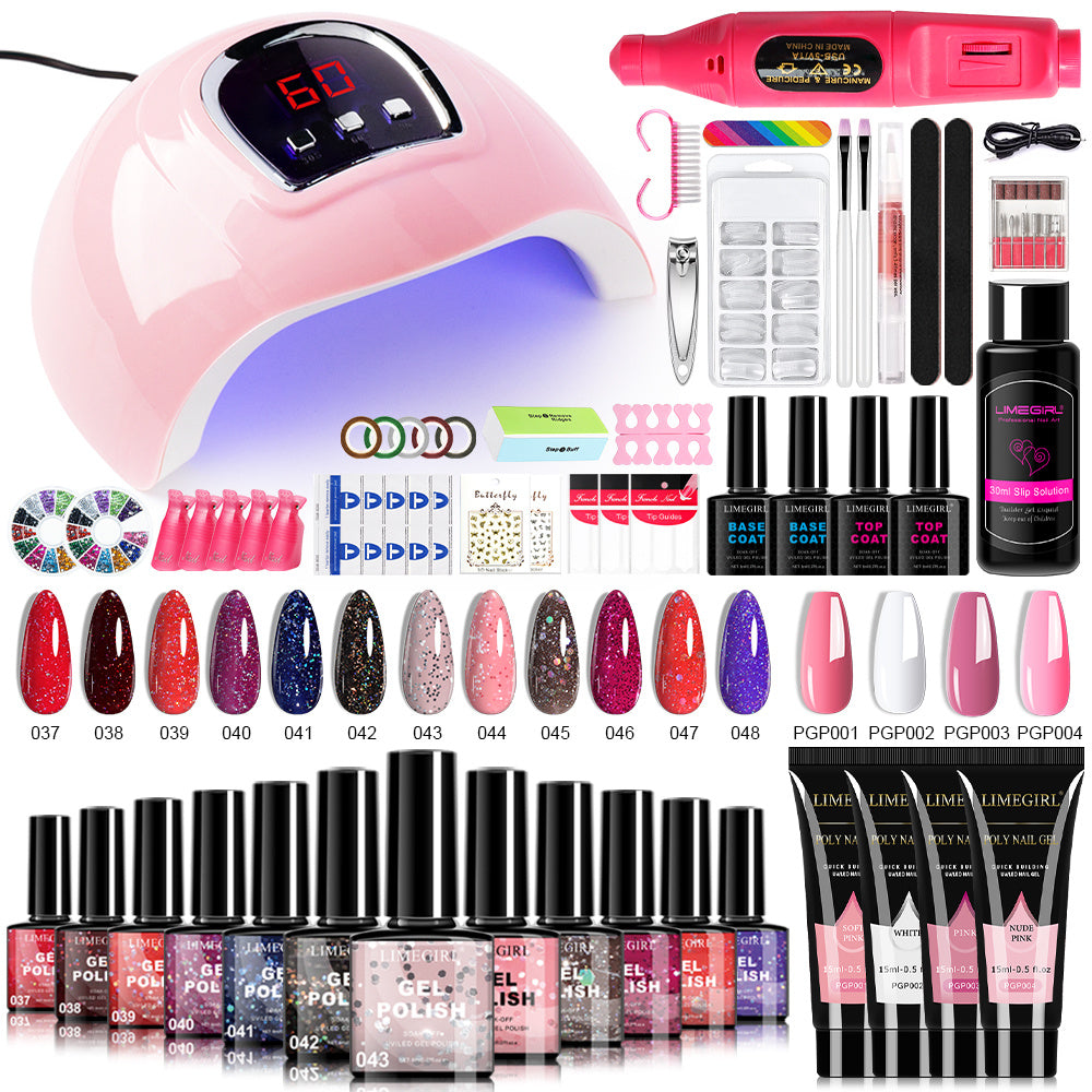 Gel Manicure Kit with 12 Listed Polish Colors and 4 Extension Gel Colors, Nail Lamp and Electric Drill References, Five Set Options for Adult Nail Art