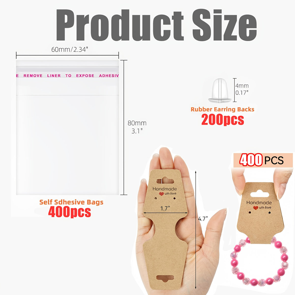 Self-Adhesive Jewelry Display Card Kit, Listed 1000-Piece Assortment with 400 Cards, 400 Clear Bags and 200 Earring Backs for Small Business Packaging