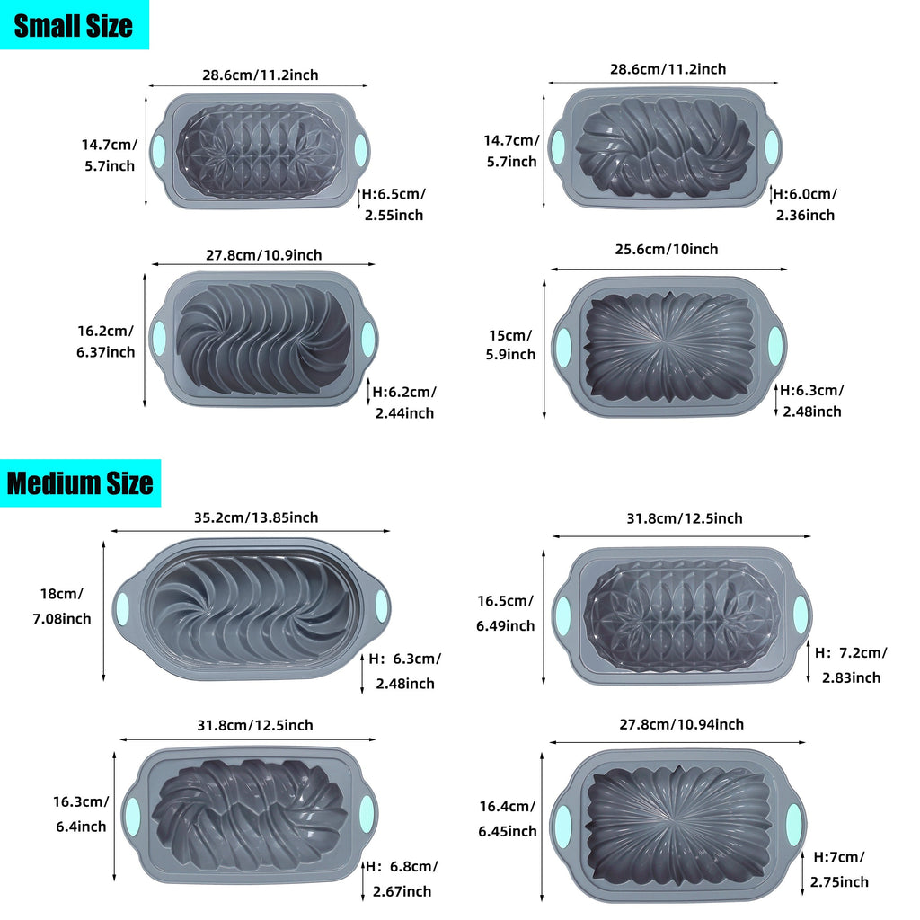 Silicone Bread Loaf Pan Set, 4-Piece Light Gray Baking Mold Selection in Small or Medium Options for Homemade Cakes, Bread and Decorative Dessert Recipes
